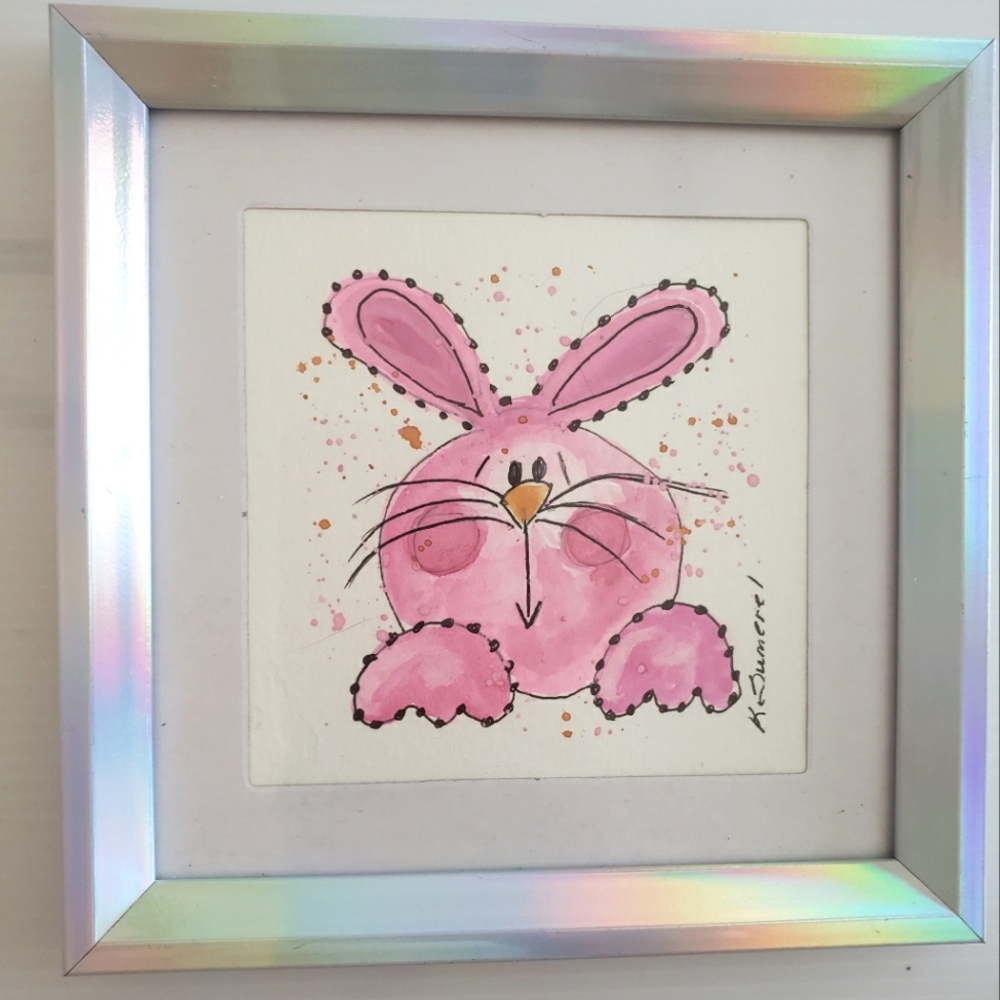 Framed Pink Bunny Watercolor Art